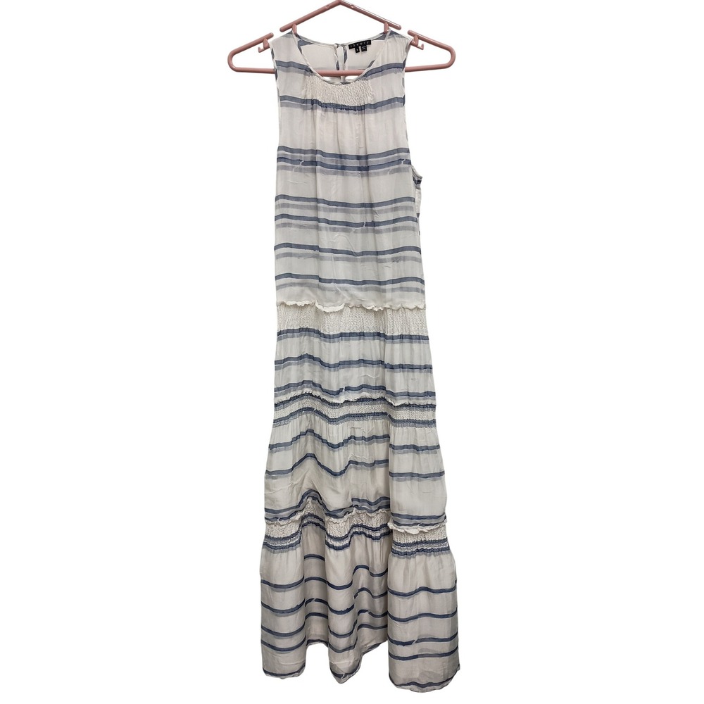 Theory Maxi Dress‎ Womens 6 White Blue Striped Silk Smocked Sleeveless Boho